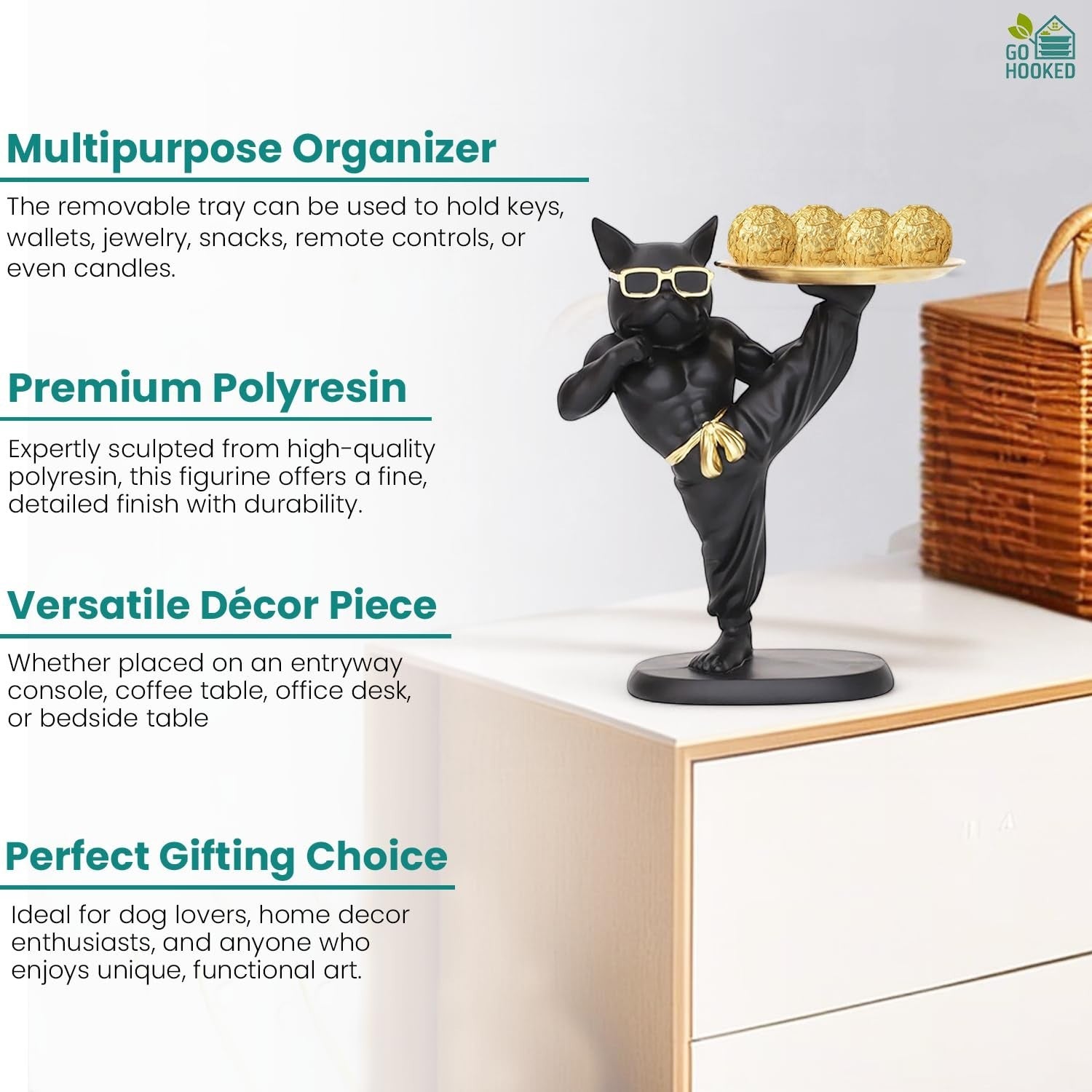 Go Hooked black polyresin bulldog figurine with sunglasses holding a gold tray with decorative balls.