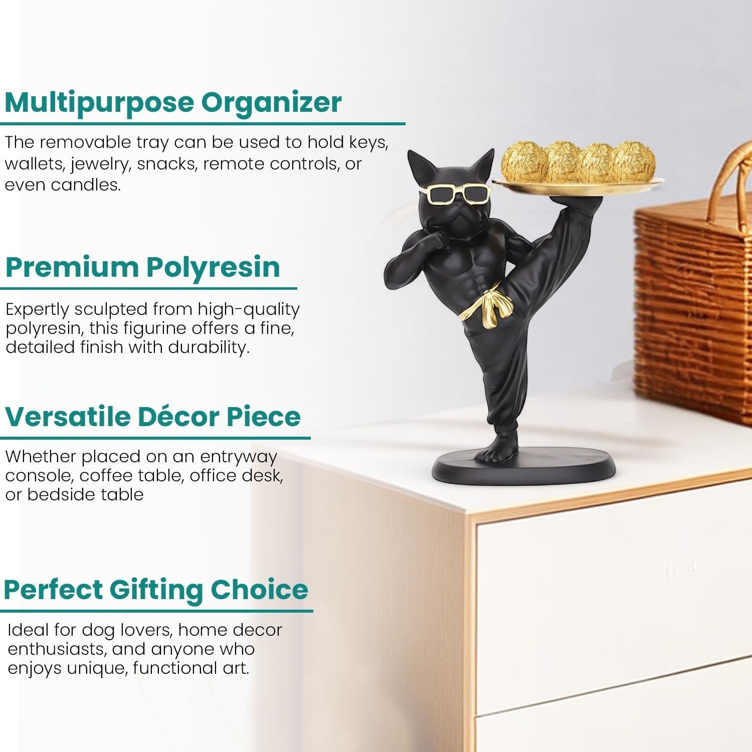 GoHooked black polyresin bulldog statue holding a gold tray with decorative balls, wearing sunglasses.
