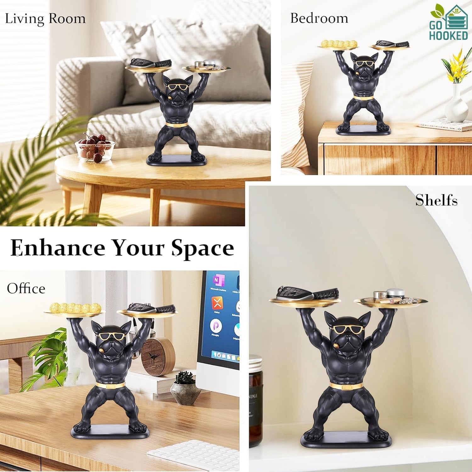 Go Hooked black polyresin bulldog statue holding two gold serving trays, sunglasses, and cigar detail.