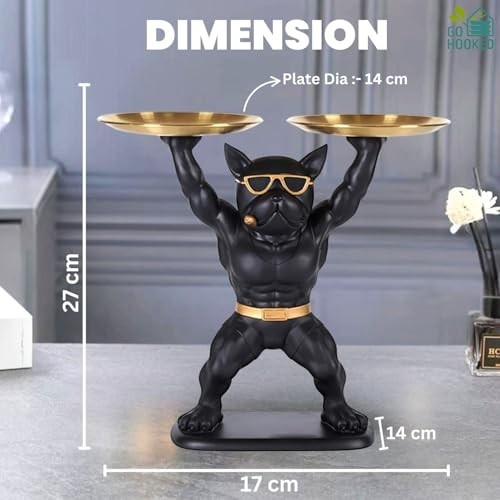 Go Hooked black polyresin bulldog statue holding two gold serving trays, wearing sunglasses and a gold belt.