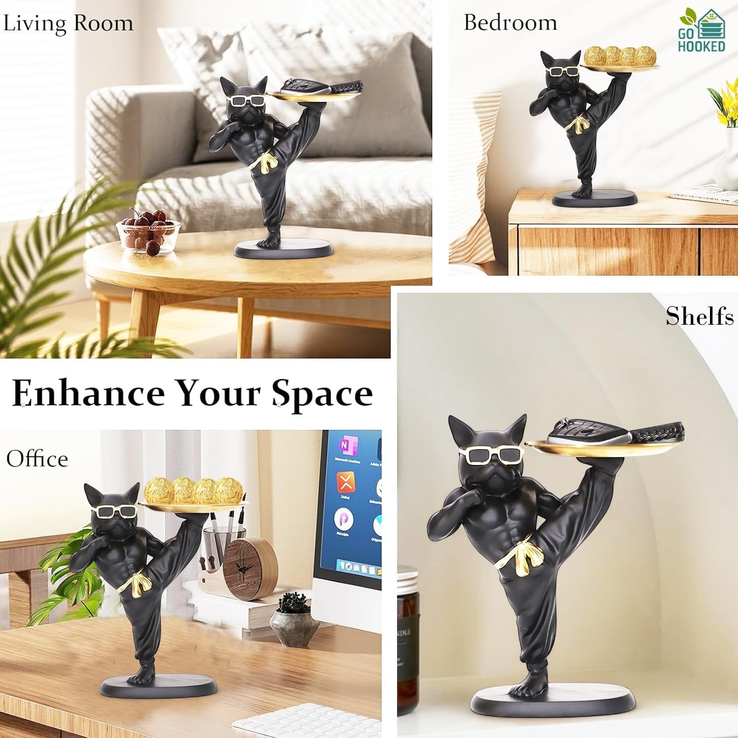 Go Hooked black polyresin bulldog statue holding a gold serving tray with snacks, wearing sunglasses and a gold belt.