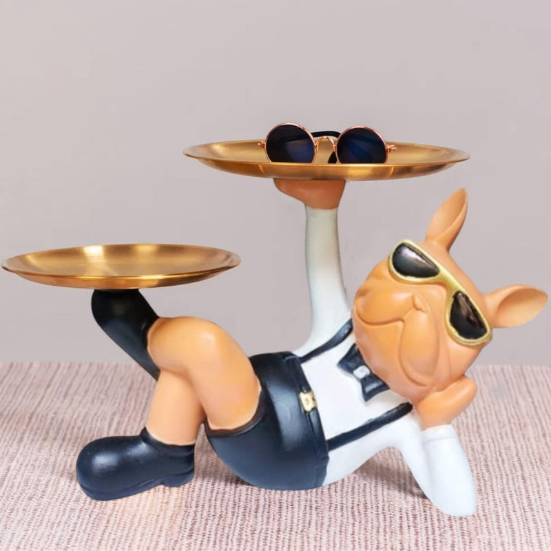 GoHooked black polyresin bulldog statue with gold trays for serving or storage, wearing sunglasses and suspenders.