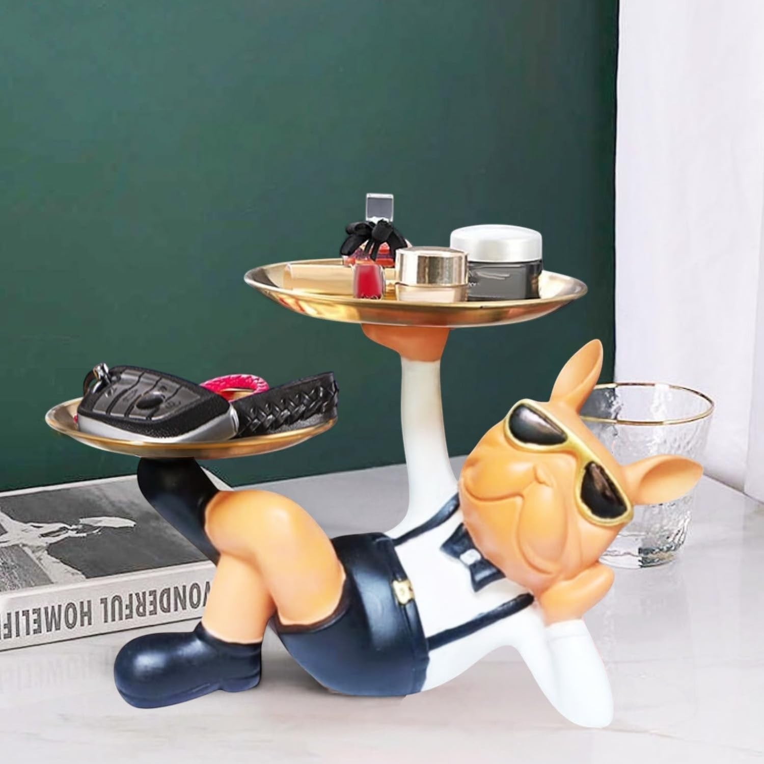 GoHooked black polyresin bulldog statue with sunglasses holding two gold serving trays. Ideal for home decor.