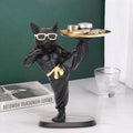GoHooked black polyresin bulldog statue in martial arts pose holding a gold tray with cosmetics. Decorative sculpture.