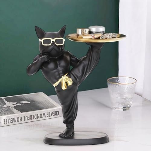 GoHooked black polyresin bulldog statue in martial arts pose holding a gold tray with cosmetics. Decorative sculpture.