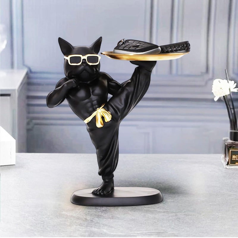 GoHooked black polyresin bulldog statue wearing sunglasses, holding a gold tray with keys. Decorative sculpture.
