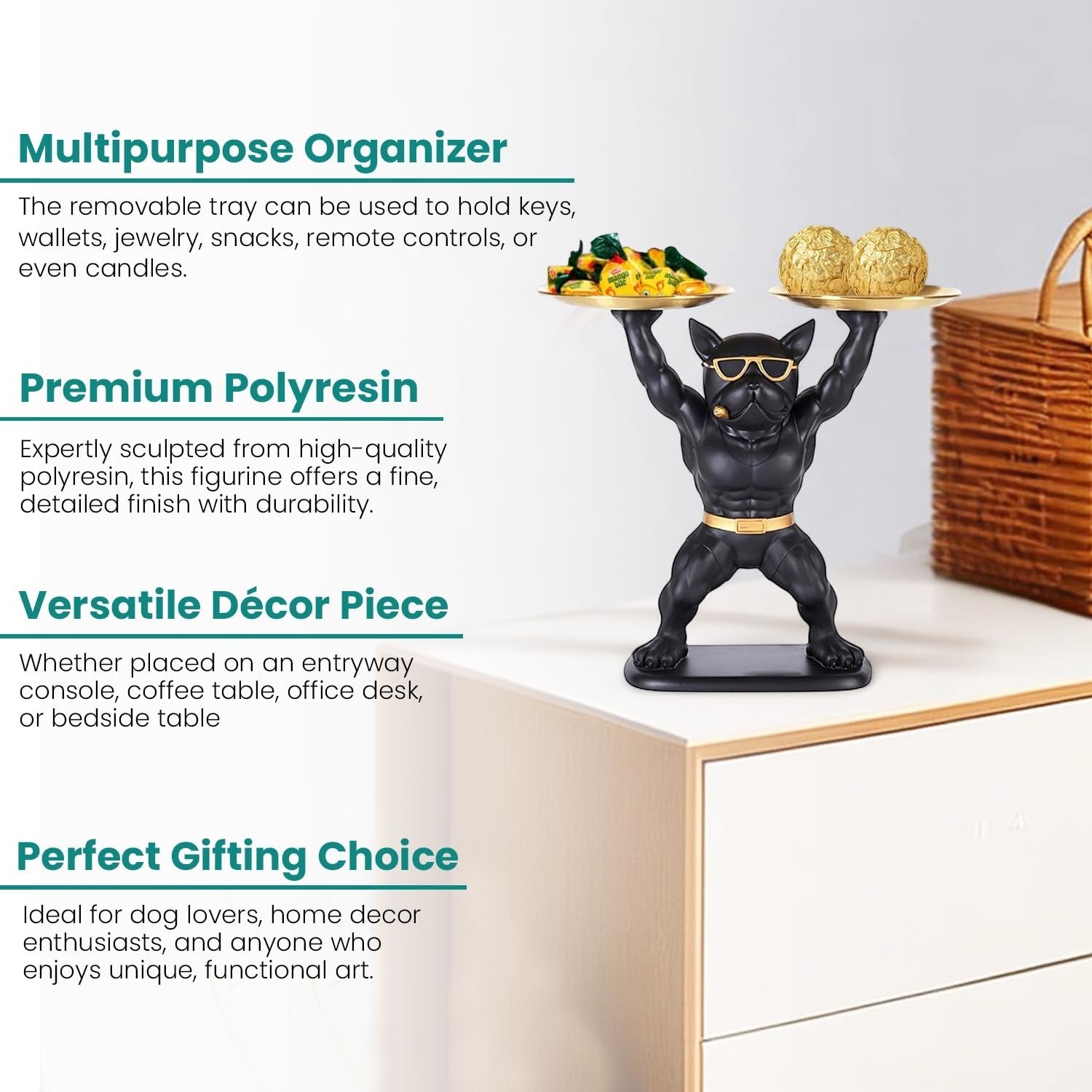 GoHooked black polyresin bulldog statue with gold sunglasses and belt, holding two gold trays for storage or serving.