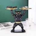 GoHooked black polyresin bulldog statue with gold sunglasses and belt, holding two gold trays for storage or serving.