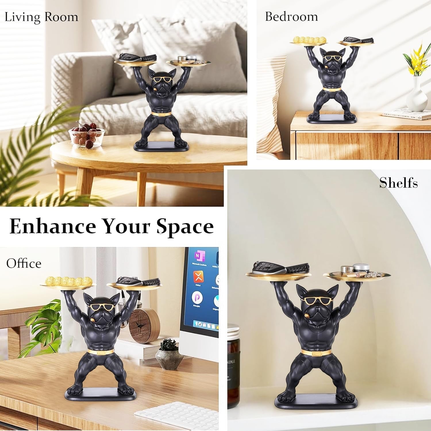 GoHooked black polyresin bulldog statue with gold accents holding two trays, perfect for home decor or storage.