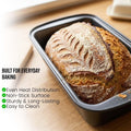 GoHooked black carbon steel loaf pan with a freshly baked loaf of bread inside, featuring a non-stick surface.