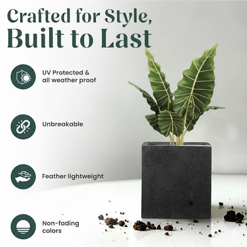 GoHooked black 10-inch cube planter made of durable, UV-protected, unbreakable, and lightweight polymer with drainage.