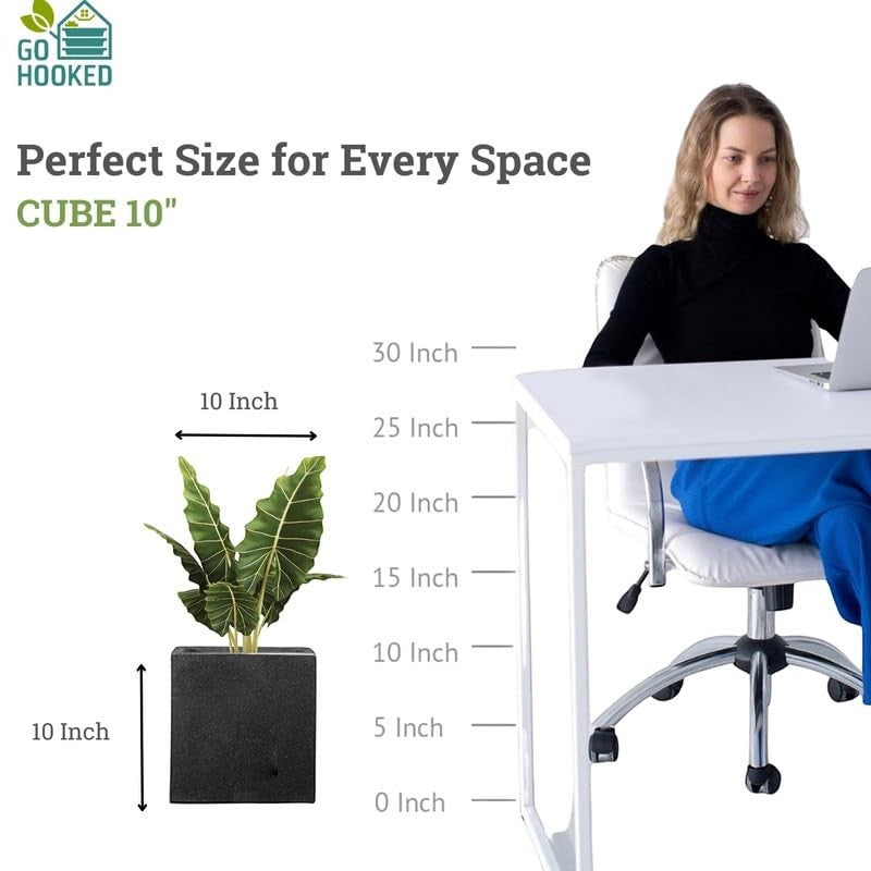 GoHooked 10-inch black cube planter with a plant, perfect for modern indoor and outdoor spaces.