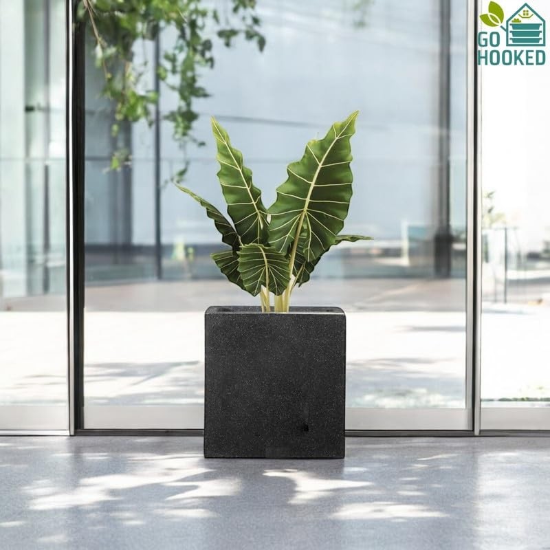 GoHooked black 10-inch modern cube planter with drainage hole, perfect for indoor or outdoor plants.