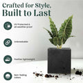 GoHooked 10-inch black cube planter made of UV-resistant polymer, featuring a modern design and smart drainage.