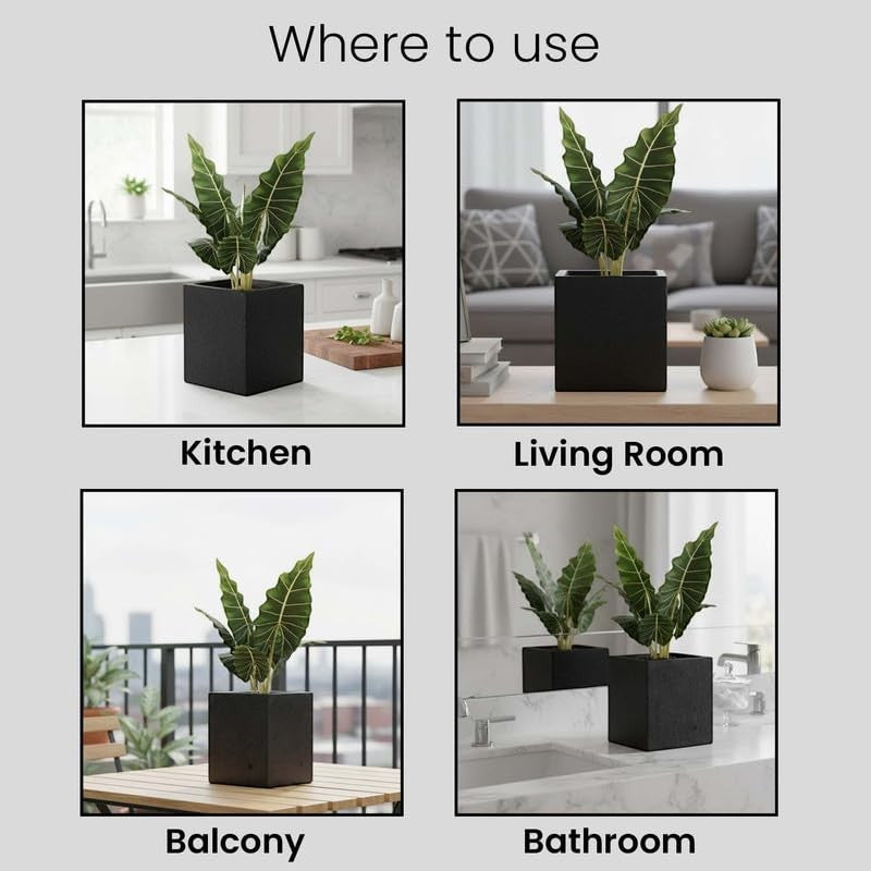 Go Hooked 15-inch black polymer cube planter with drainage hole, suitable for indoor/outdoor use.