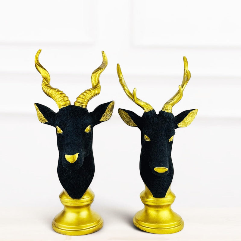 GoHooked set of 2 black polyresin deer and blackbuck head busts with gold accents. Tabletop decor.