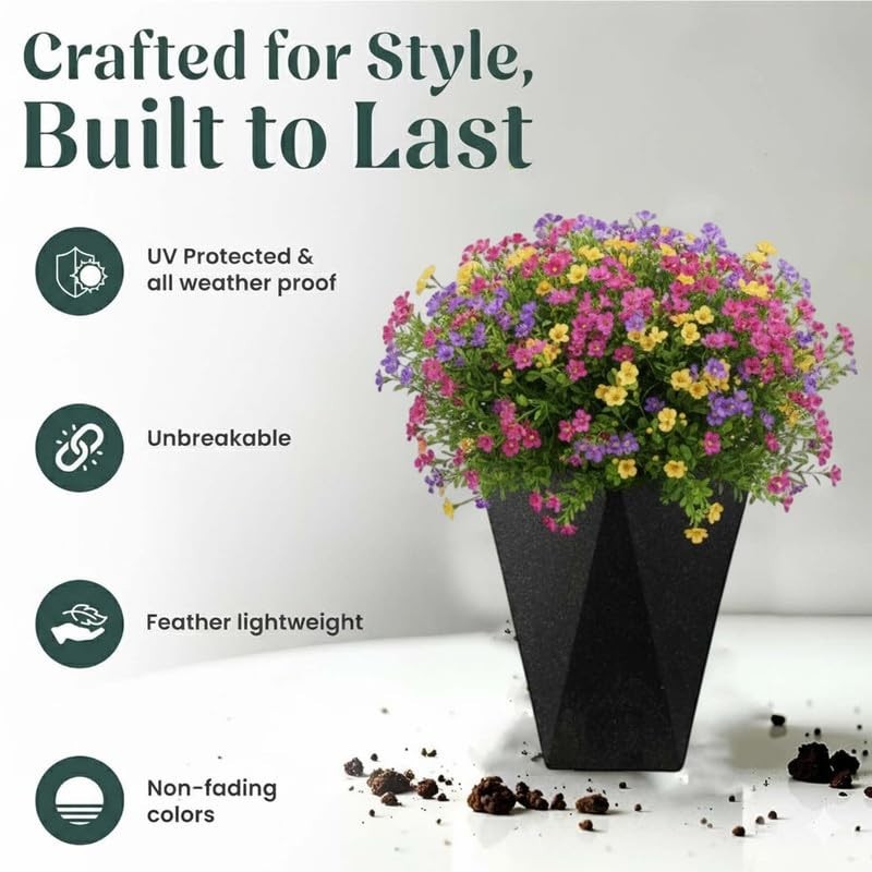 GoHooked black diamond planter with colorful artificial flowers, 18 inch, UV protected, unbreakable, lightweight