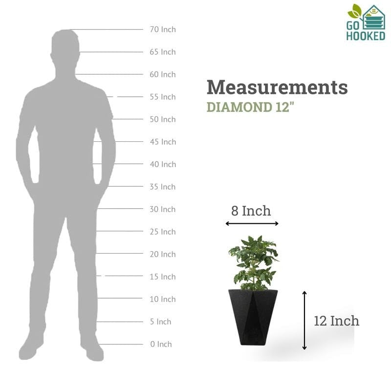 Go Hooked black diamond textured 12-inch polymer planter pot with drainage hole. Shows scale against a human silhouette.