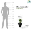 Go Hooked black diamond textured 12-inch polymer planter pot with drainage hole. Shows scale against a human silhouette.