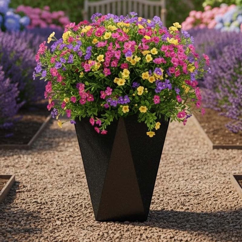 GoHooked black diamond textured polymer planter pot with vibrant pink, yellow, and purple flowers. Modern design for indoor/outdoor use.