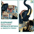 GoHooked black polyresin elephant figurine with intricate gold and blue royal embellishments, trunk up for good luck.