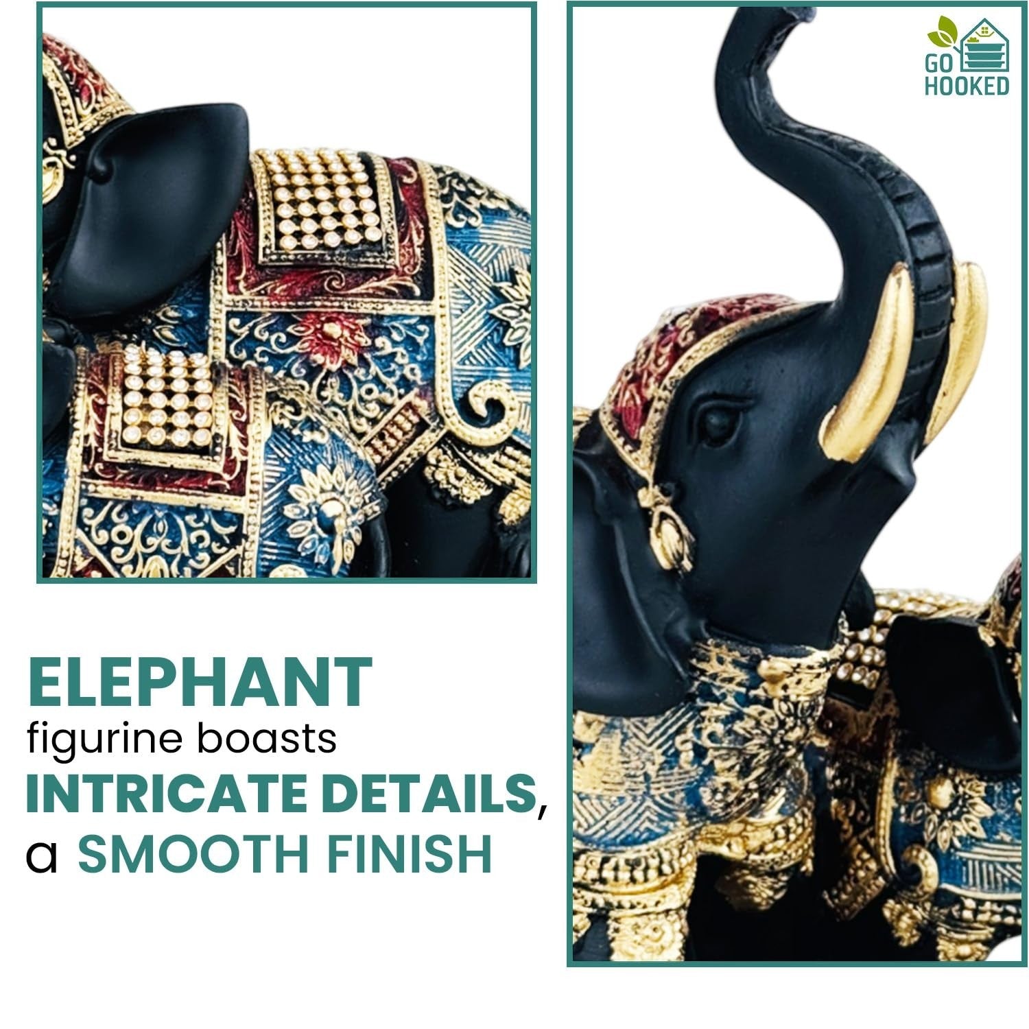 GoHooked black polyresin elephant figurine with intricate gold and blue royal embellishments, trunk up for good luck.
