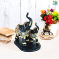 Go Hooked black polyresin elephant figurine with gold and blue royal embellishments, trunk up for good luck.