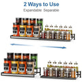 GoHooked black 2-tier expandable and separable spice rack organizer holding various spice jars. Features guardrails and silicone feet.
