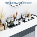 GoHooked black 2-tier expandable metal spice rack organizer holding perfumes, cosmetics, and hair tools on a vanity.