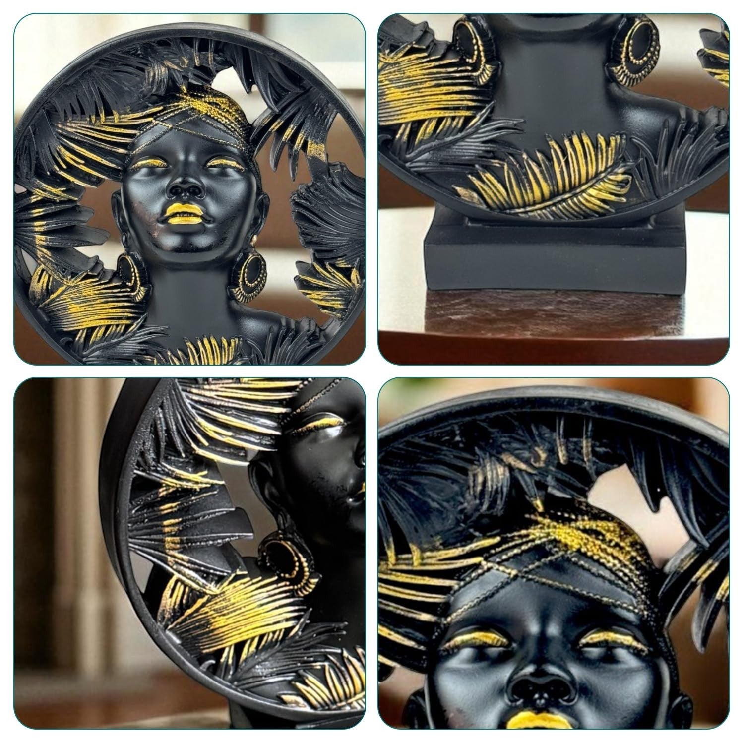 GoHooked black and gold polyresin African lady bust statue with palm leaf details. Luxury home decor.
