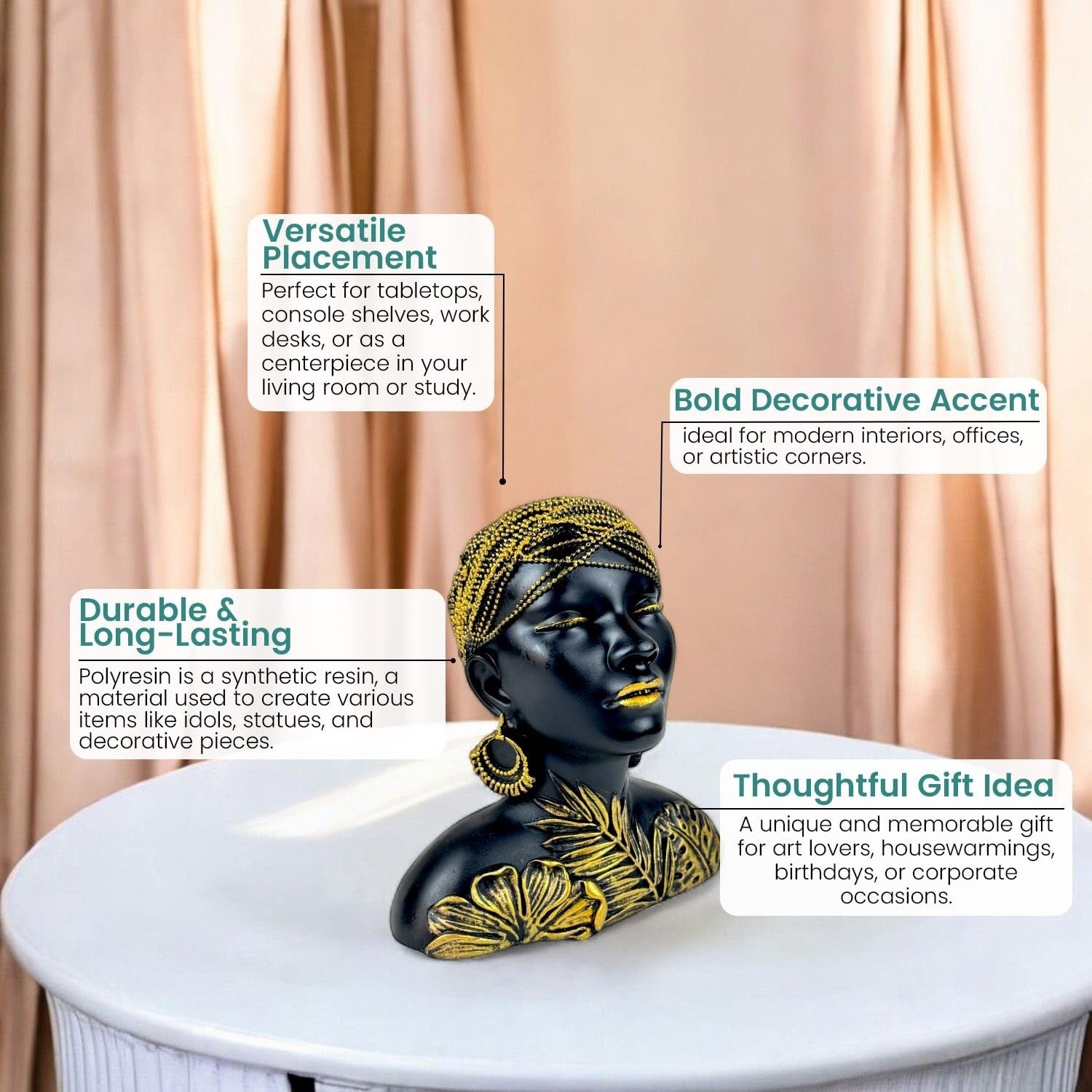 GoHooked black and gold polyresin African woman bust figurine with tribal leaf design and beaded headwrap.