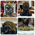 GoHooked black polyresin bust of an African woman with gold tribal leaf accents, braided headwrap, and earrings.