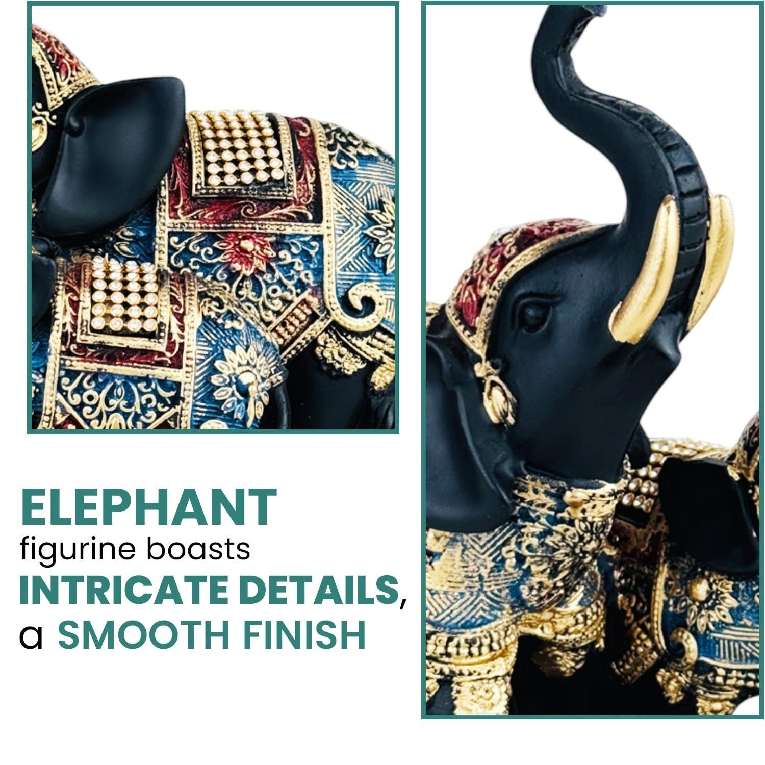 GoHooked black and gold polyresin elephant figurine with intricate royal embellishments, 20 cm tall.