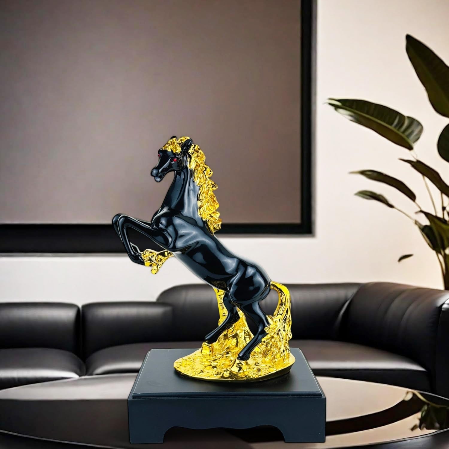 GoHooked matt black polyresin rearing horse statue with gold mane and accents, symbolizing success and wealth.