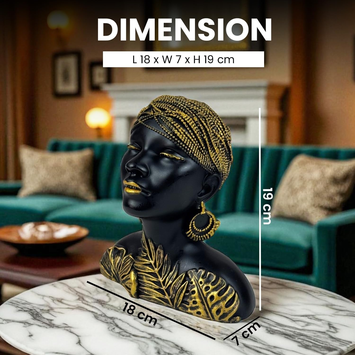 GoHooked black and gold tribal leaf African woman bust figurine with braided headwrap and large earrings.