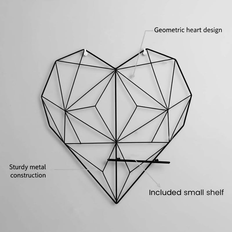 GoHooked black geometric heart metal wall grid with shelf, perfect for displaying photos and mementos.