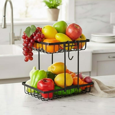 Go Hooked Countertop 2-Tier Fruit Basket for Display Table, Dining Table | Metal Fruit Bowl | Bread Basket Vegetables Storage Organizer Holder- (Black)