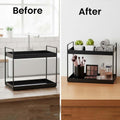 GoHooked black iron 2-tier standing rack organizer for countertop, pantry, or bathroom. Features a space-saving design.
