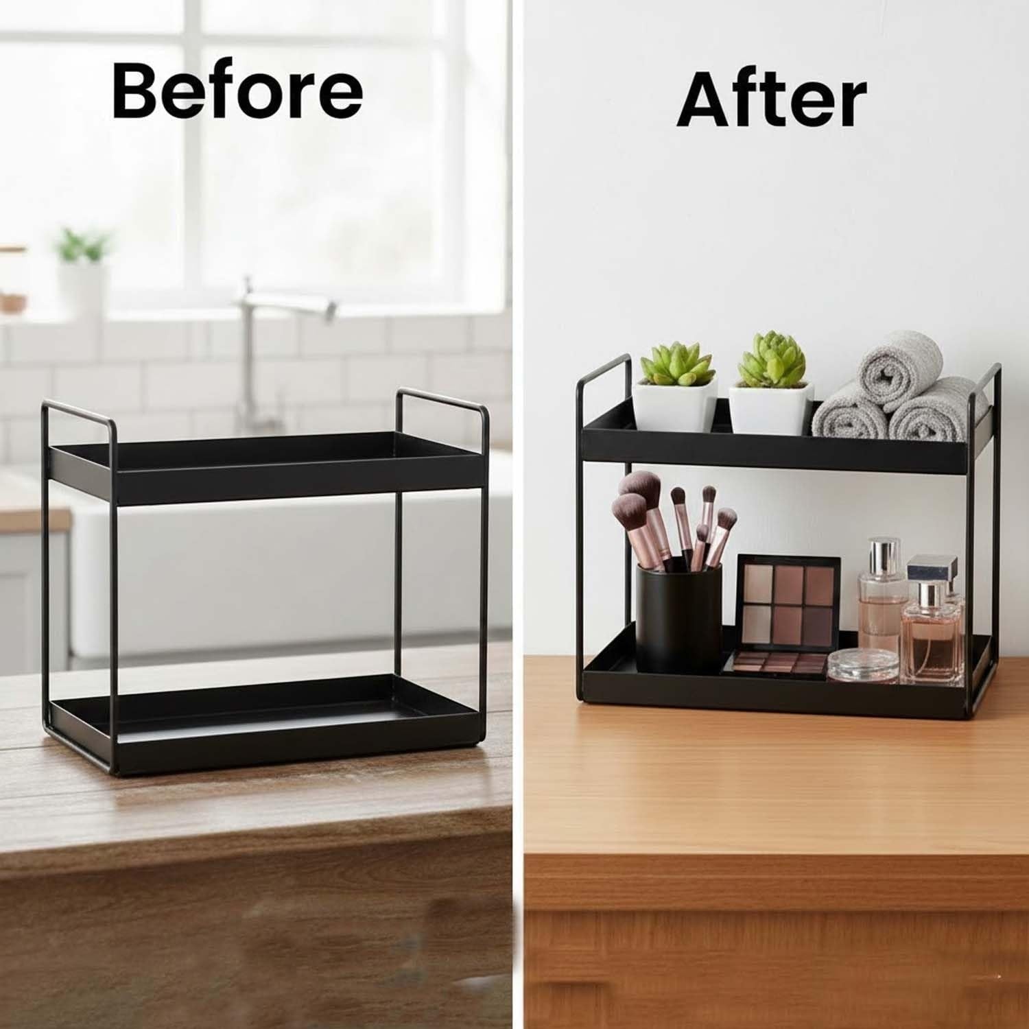 GoHooked black iron 2-tier standing rack organizer for countertop, pantry, or bathroom. Features a space-saving design.
