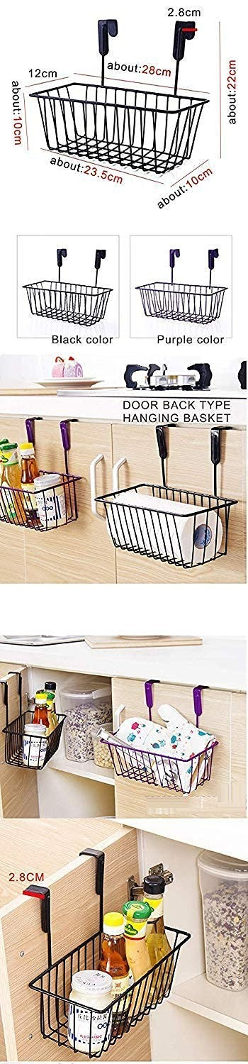 GoHooked black iron over door hanging basket organizer for kitchen, bathroom, pantry, office. Deep wire design.
