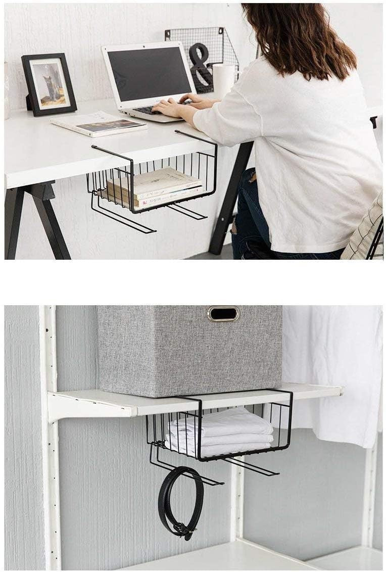 GoHooked black iron under-cabinet storage basket organizer with wire grid design, holding books and folded clothes.