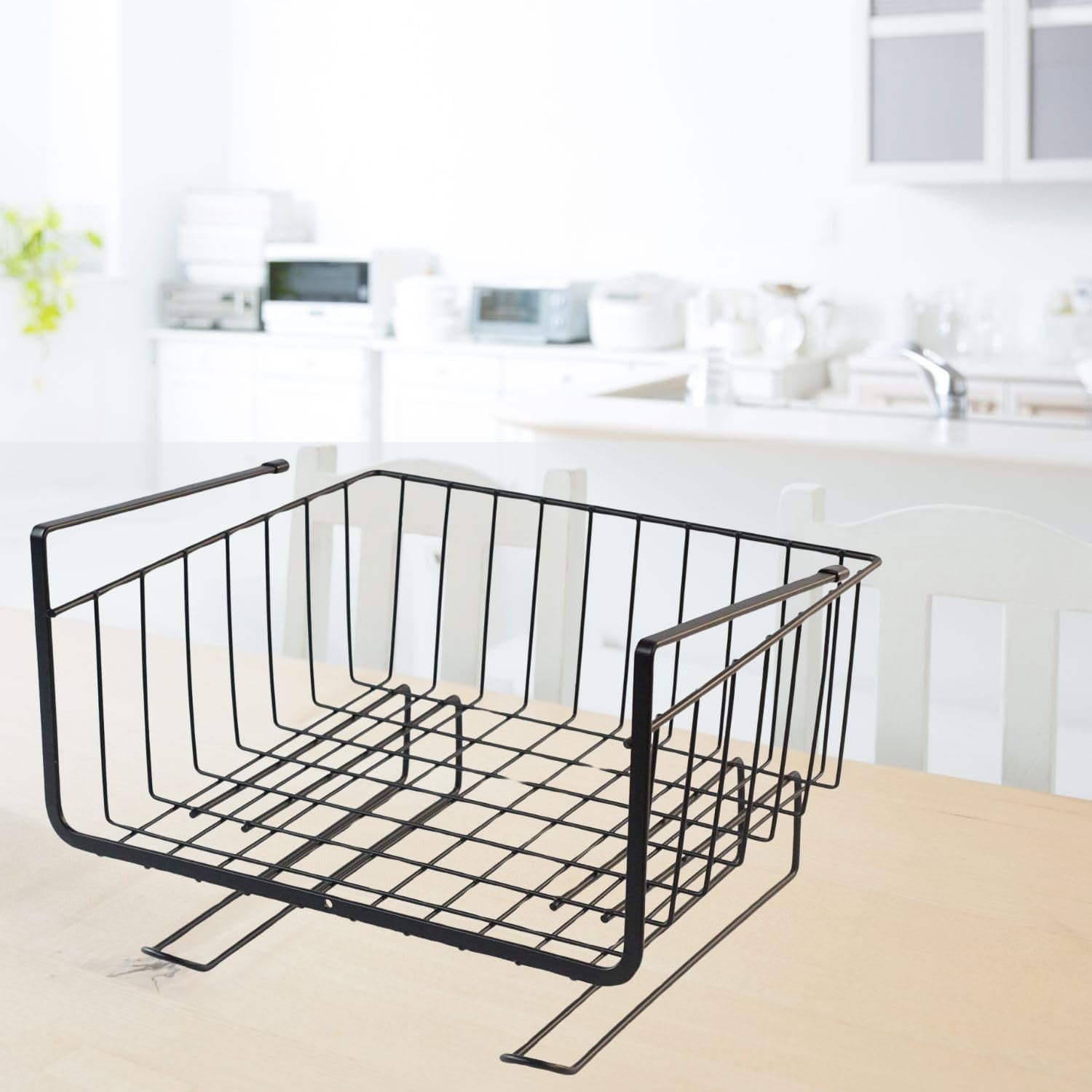 GoHooked black iron wire storage basket organizer for under cabinets, pantries, and closets. Versatile for fruits, vegetables, or kitchen items.