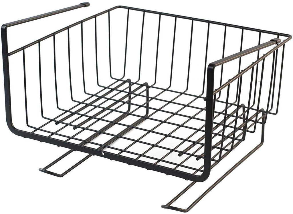 GoHooked black iron wire storage basket with a grid pattern, designed to hang under cabinets for versatile organization.