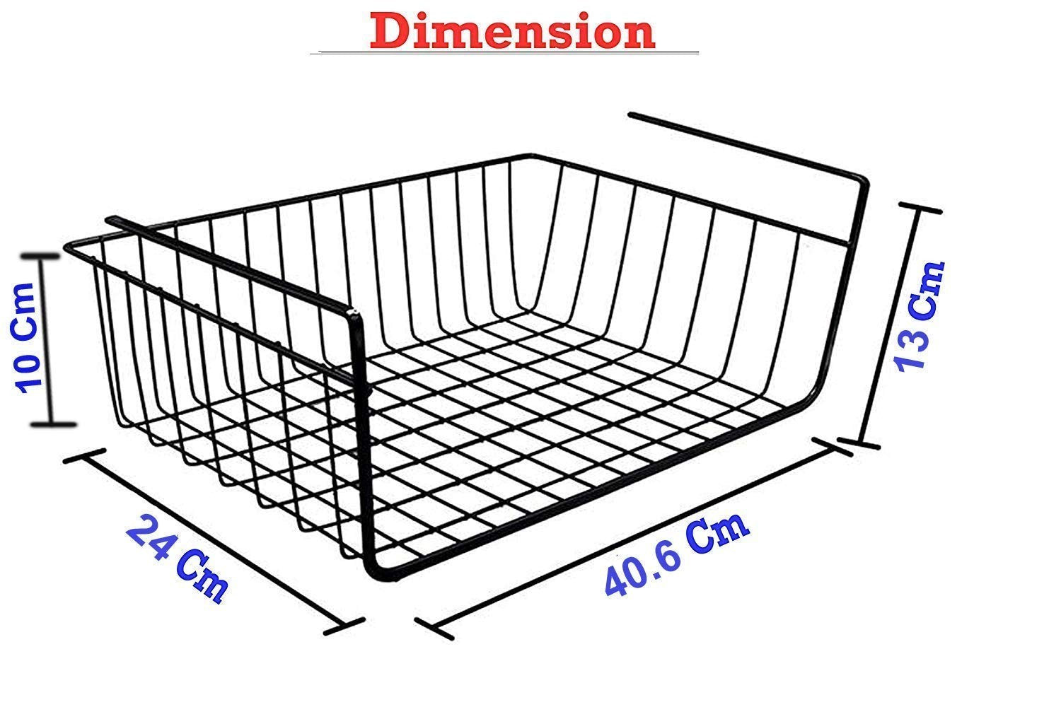 GoHooked black coated iron under shelf storage basket organizer rack. 16 inch dimensions shown.