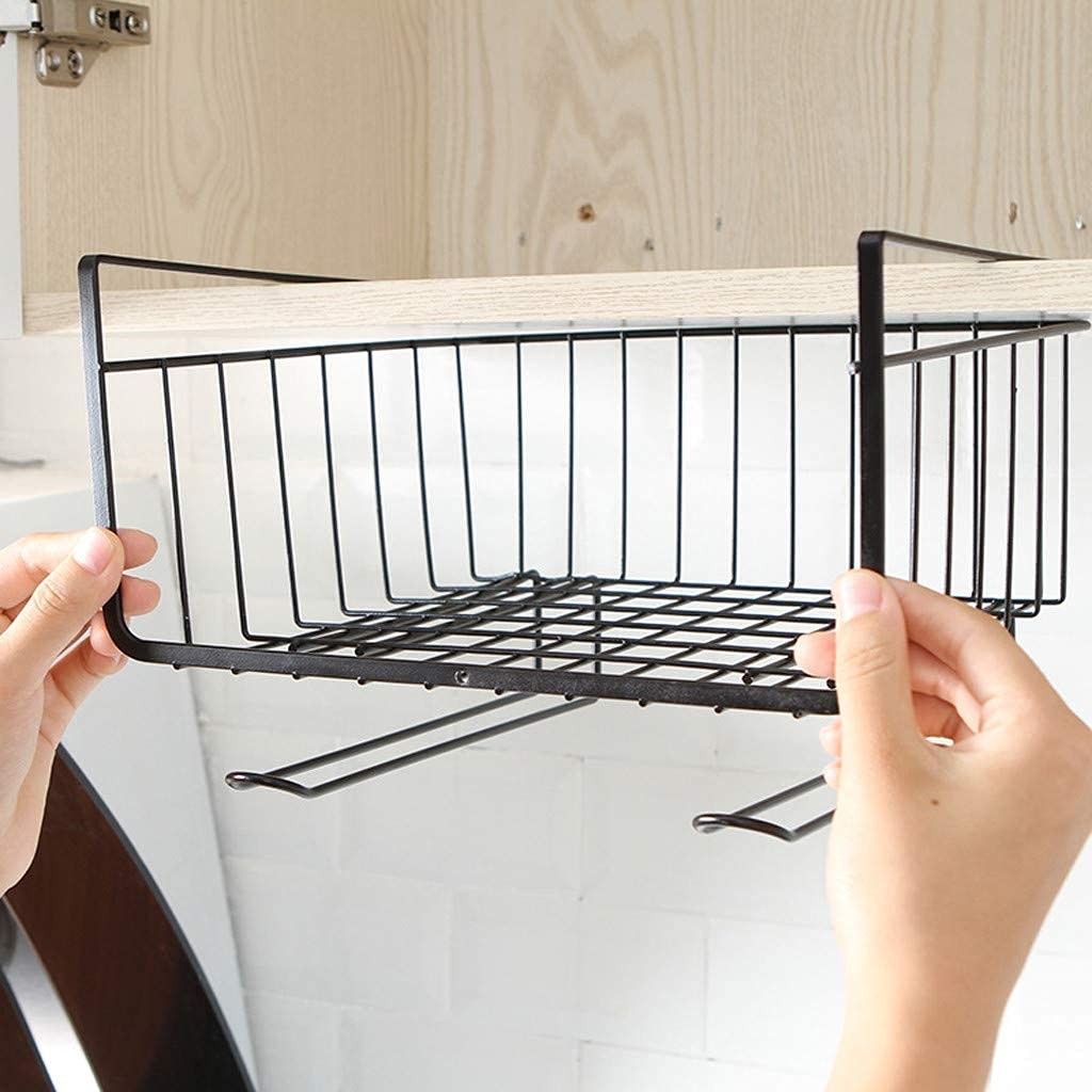 GoHooked black iron wire storage basket organizer, 12 inch, attaches under cabinet shelves for versatile storage.