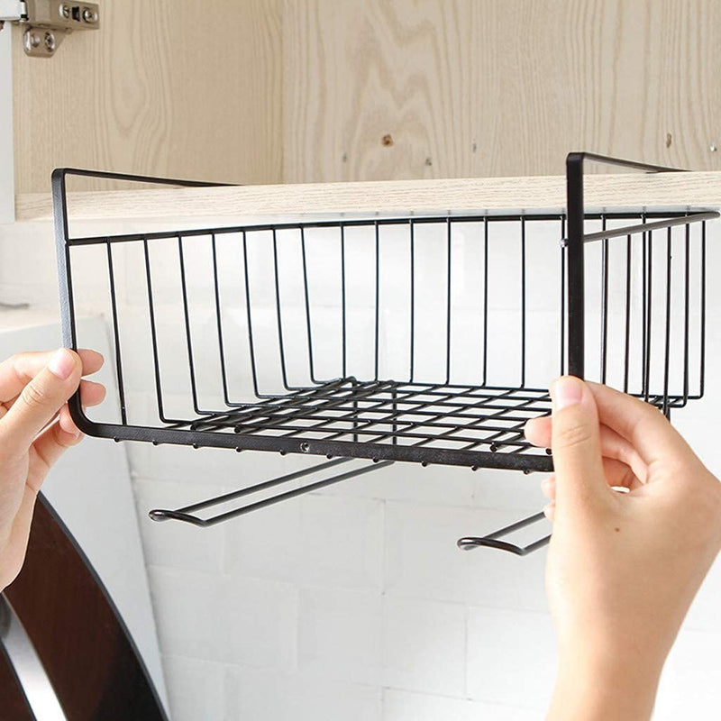 GoHooked black iron wire storage basket organizer, 12 inch, attaches under cabinet shelves for versatile storage.