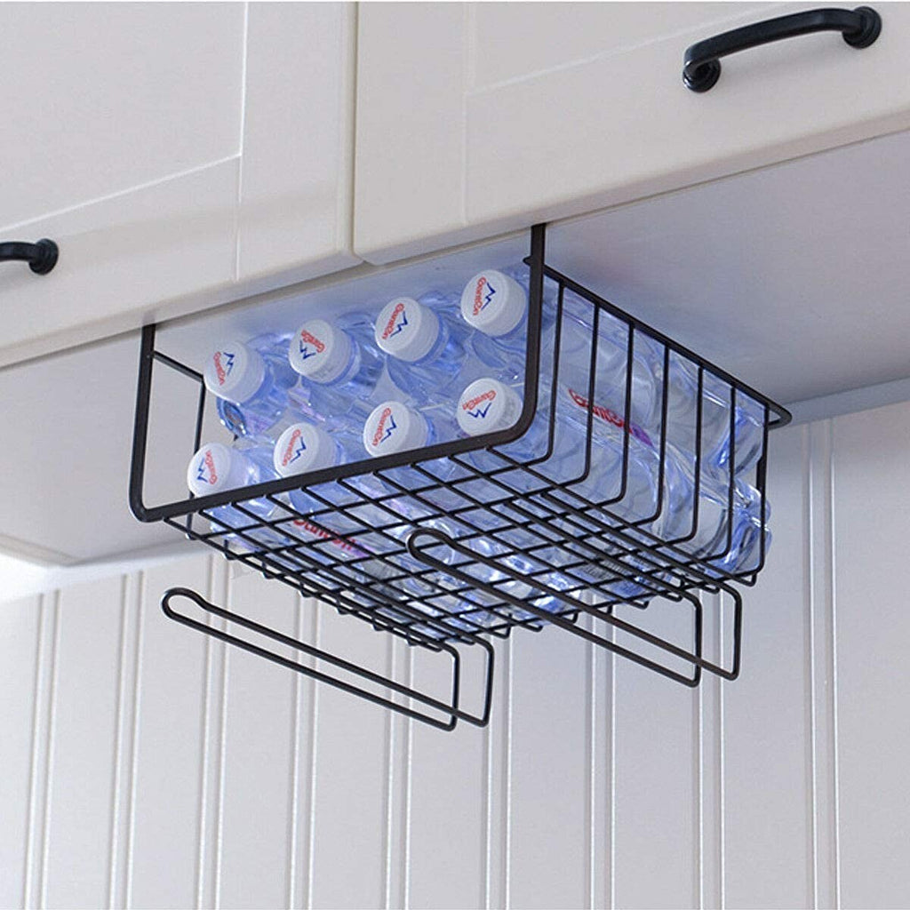 GoHooked black powder-coated iron under cabinet storage basket holding water bottles.