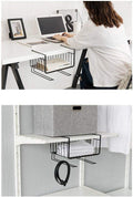 GoHooked black powder-coated iron under-cabinet storage basket with grid design, perfect for organizing books, clothes, or kitchen items.