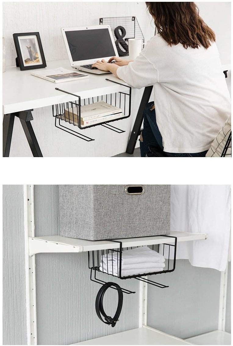 GoHooked black powder-coated iron under-cabinet storage basket with grid design, perfect for organizing books, clothes, or kitchen items.