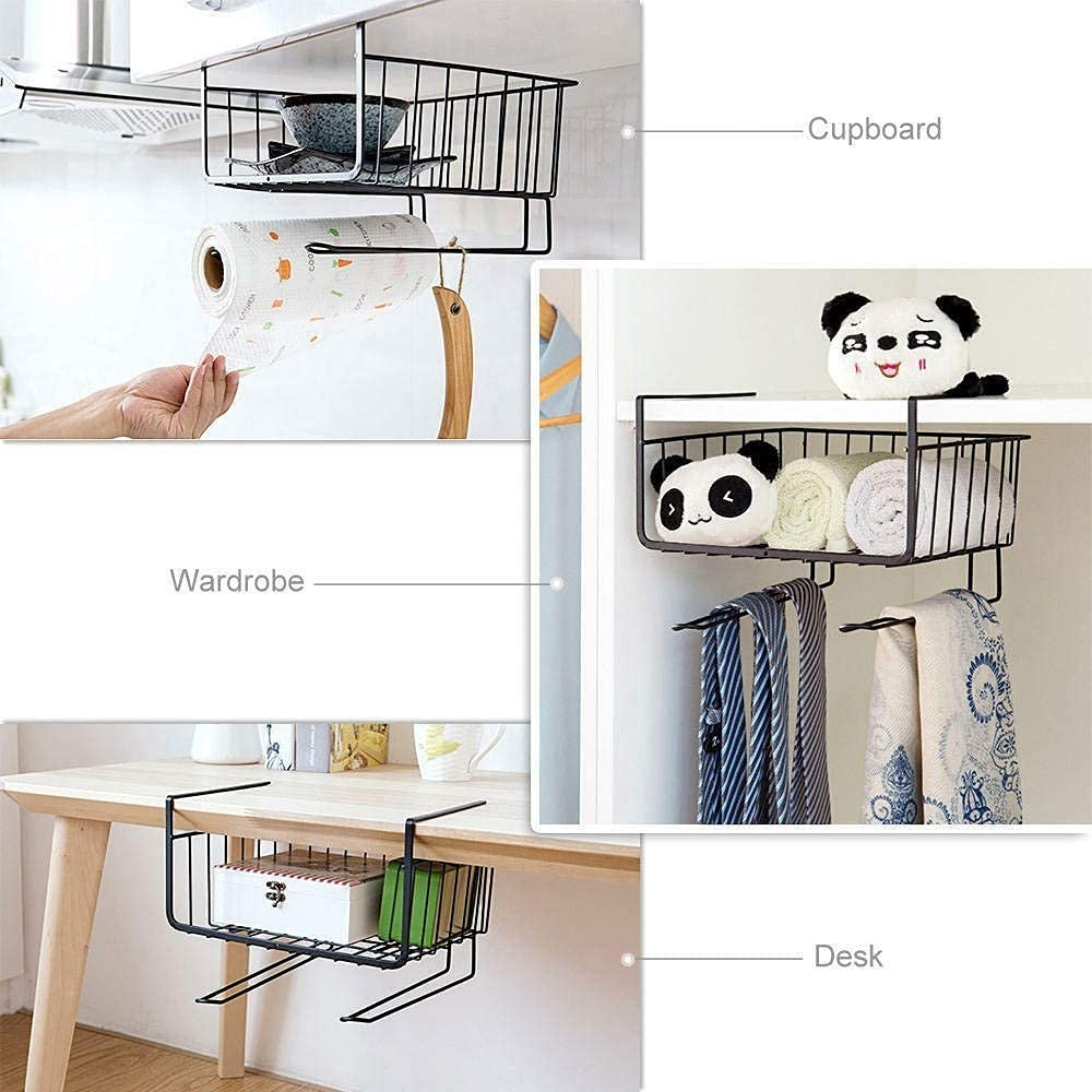GoHooked black powder-coated iron under cabinet storage basket, versatile for kitchen, wardrobe, and desk organization.